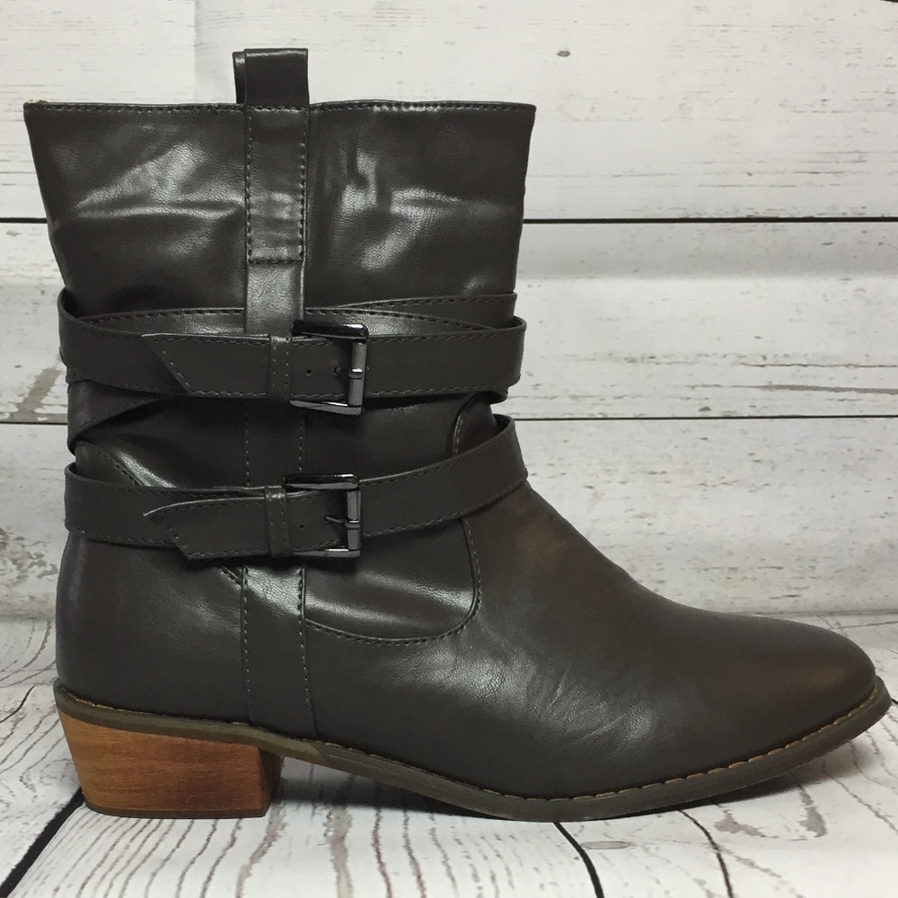 Gray Buckle Wood Heel Short Ankle Boot Booties